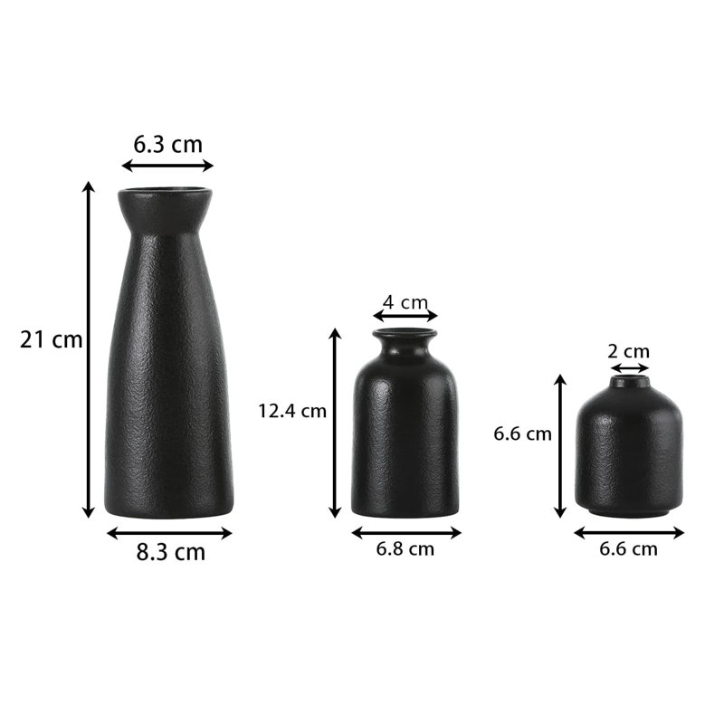 3Pcs 8.3" Boho Ceramic Vases, Distressed Decor for Table & Shelf, Black