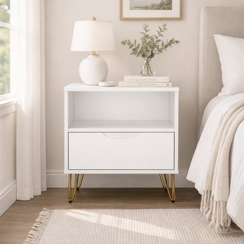 Table de chevet 1 tiroir Mid-Century moderne 20 po Avira, Blanc