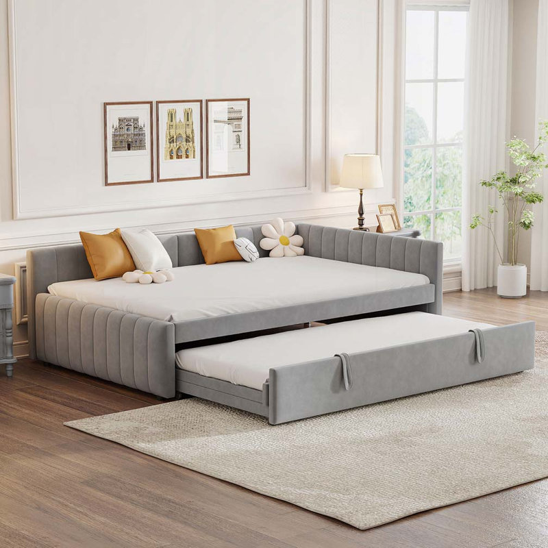 Upholstered L-Shaped Daybed with Pop Up Trundle, Gray