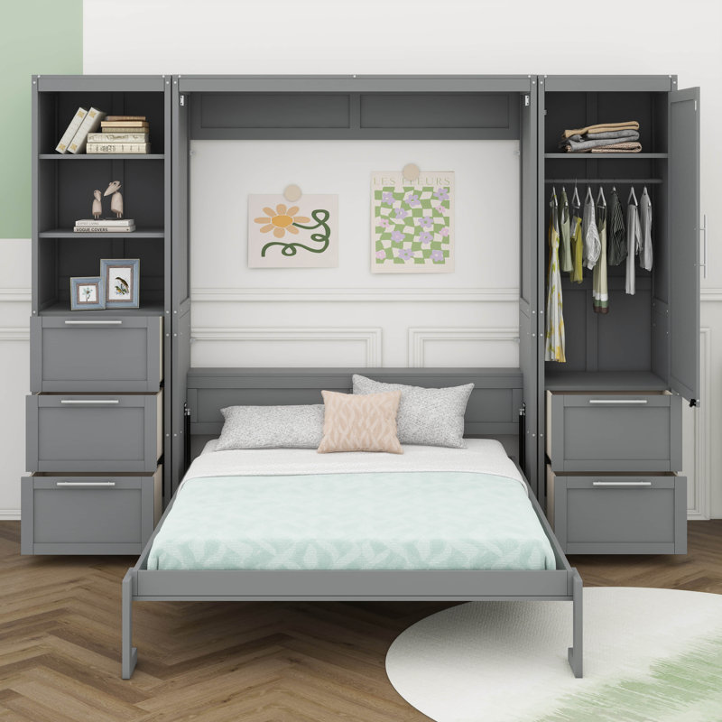 Grand lit escamotable mural avec garde-robe supplémentaire, Gris
