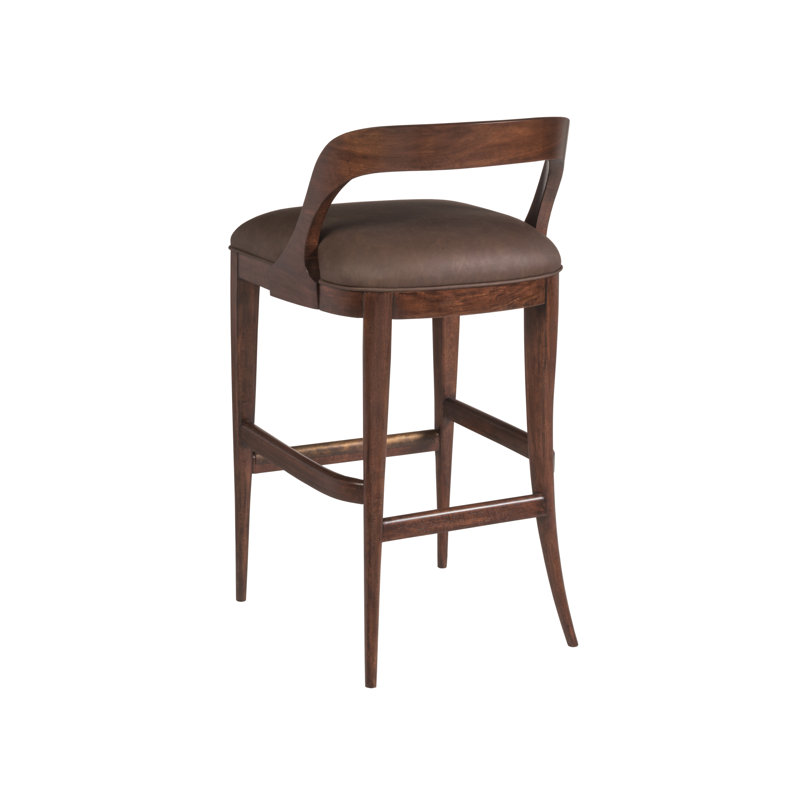 Walnut Finish Traditional Low Back Bar Stool in Brown Leather
