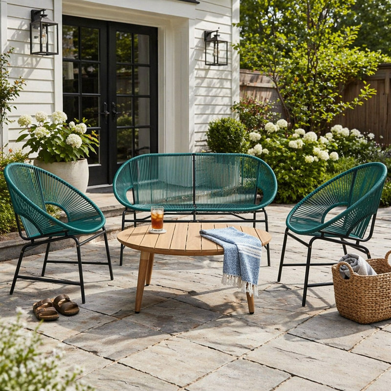 Ensemble de conversation d'extérieur 4 pièces, meubles en rotin PE bleu sarcelle et structure en fer avec table en bois d'acacia, parfait pour des sièges d'extérieur élégants et durables