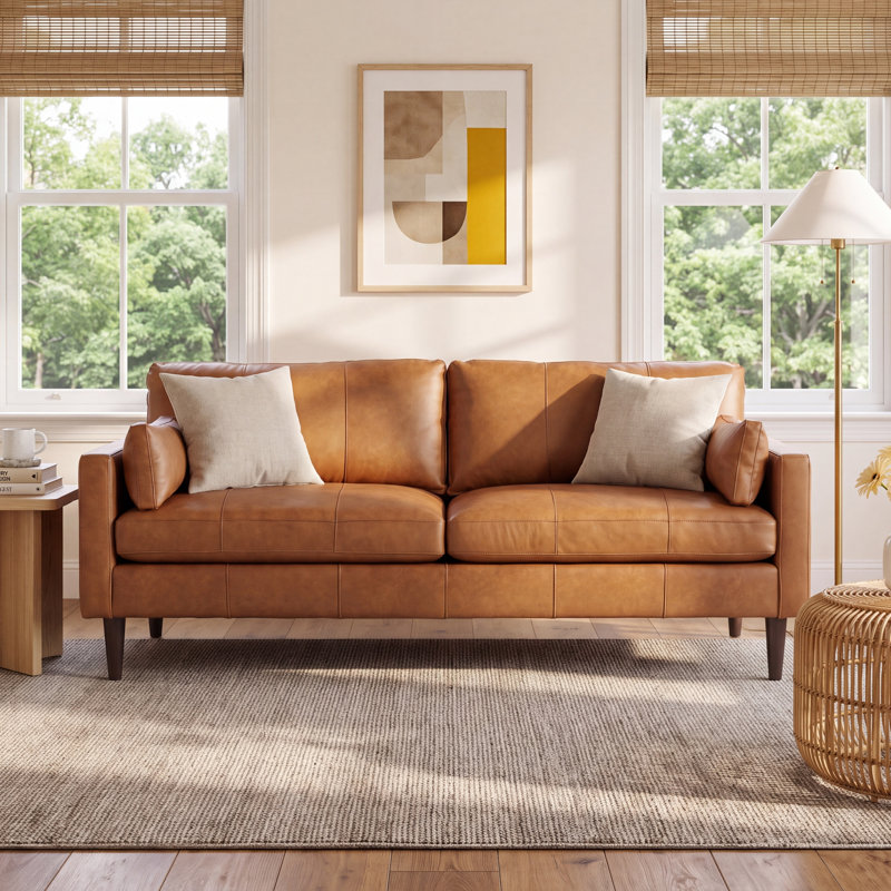 Viveros 81" Leather Sofa, Brown Genuine Leather, Dark Walnut