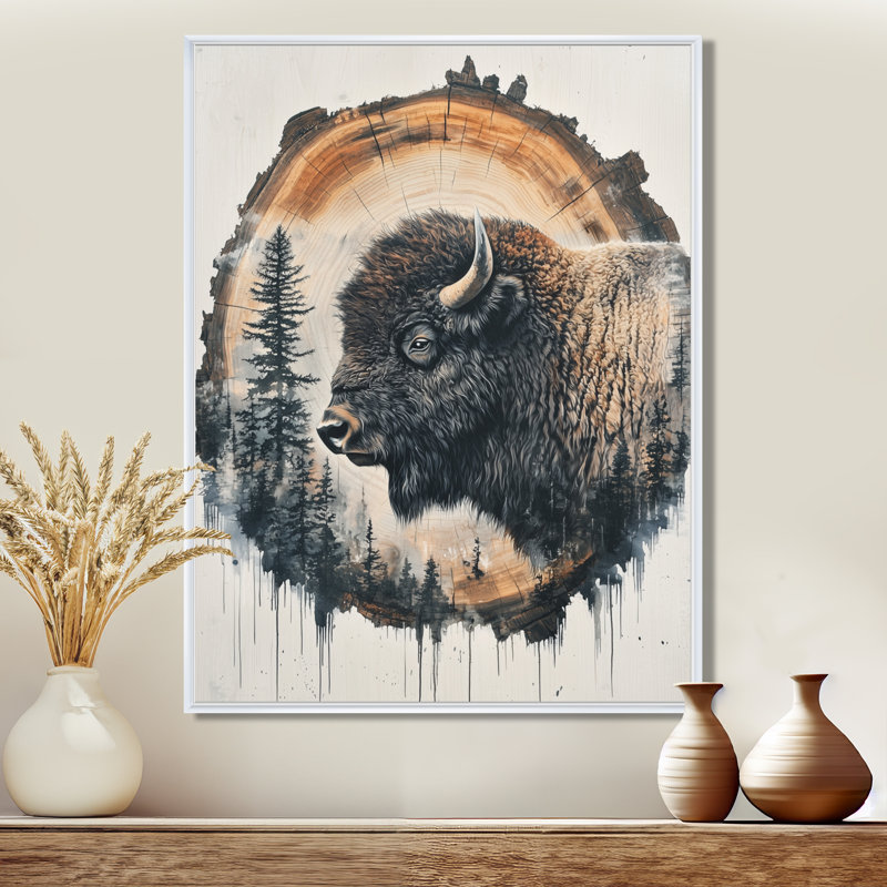Tête de bison Geronda, H 40 po x l 30 po, Reproduction avec cadre flottant, Blanc