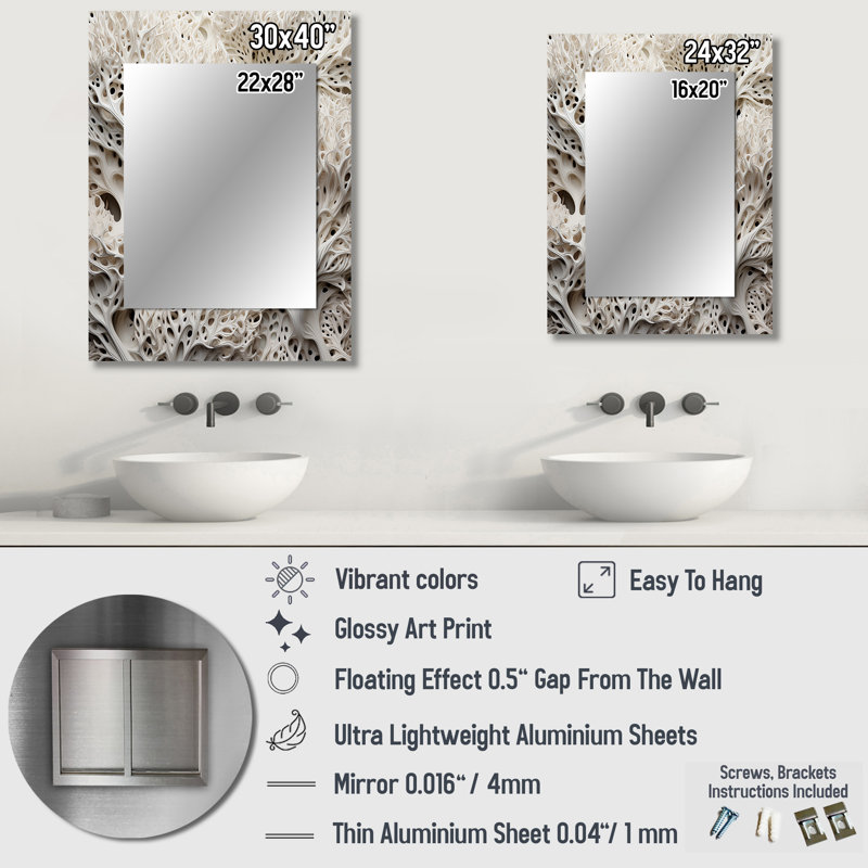 Under Water Black And White Corals Collage - Coastal Large Wall Mirror, White Unique Mirror, Printed Metal Art, 40" x 30"