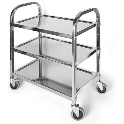 Chariot utilitaire à 3 niveaux en acier inoxydable, cuisine roulante et chariot de service avec tablettes de rangement, roulettes pivotantes et 2 roulettes verrouillables pour un usage à l'hôtel, au restaurant et à la maison