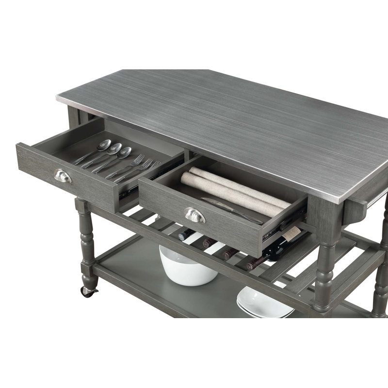 Mayall 45" Kitchen Cart with Stainless Steel Top and Locking Wheels, Gray