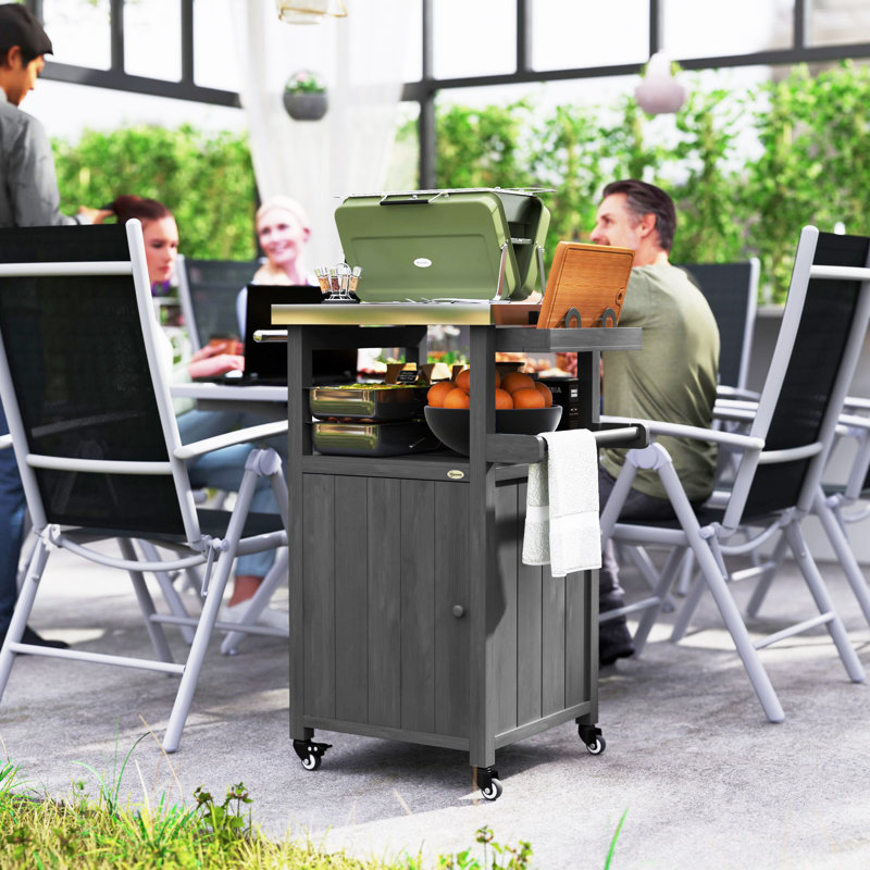 Grill Table with Stainless Steel Top, Pizza Oven Table,  Dark Grey,wood