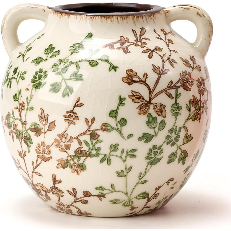 5.8" Rustic Farmhouse Ceramic Vase: Chinoiserie Floral Accent for Shelf & Table Decor
