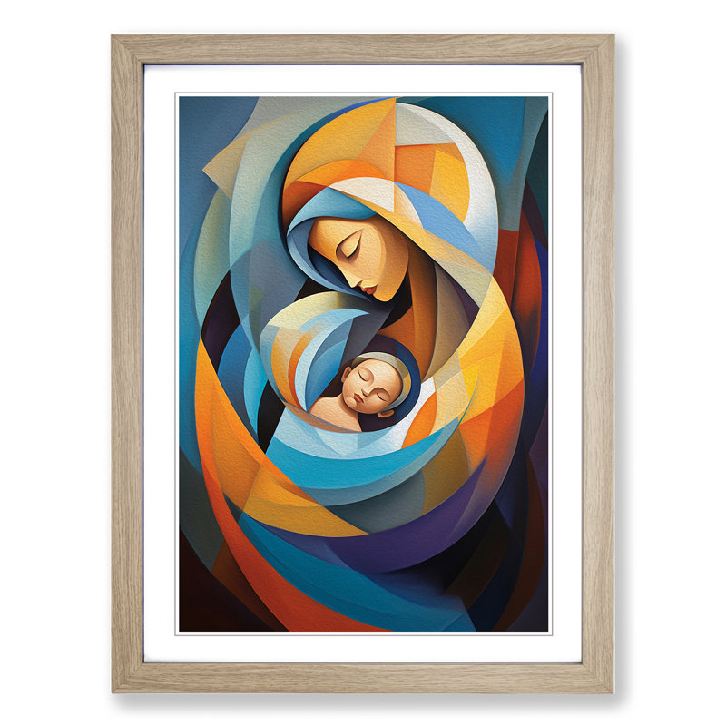 Mother And Baby Abstract - Single Picture Frame Print on Wood, Oak Framed, 64cm H x 46cm W x 2cm D