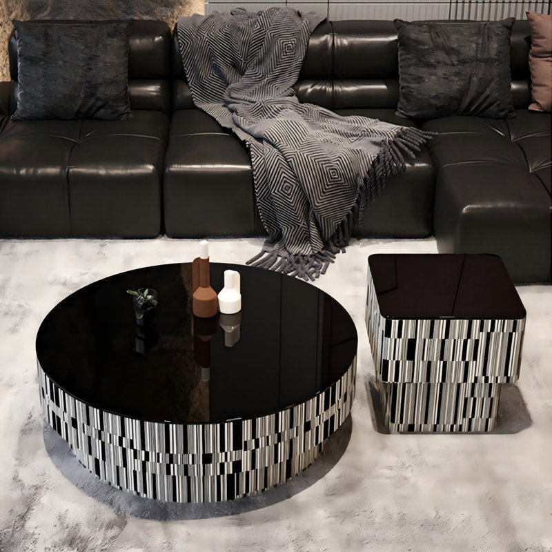 Black Round & Square Coffee Table Set with Tempered Glass Top