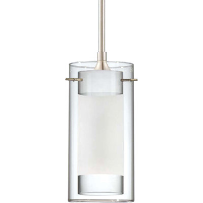 Esprit 1-Light Indoor Brushed Nickel Mini Hanging Pendant with Clear Glass Cylinder (Outer Shade) and Sandblasted Frosted White Glass Cylinder with Clear Glass Edges (Inner Shade)