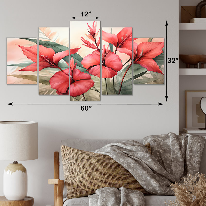 Plantes tropicales de corail rétro - art mural multicolore fuschia