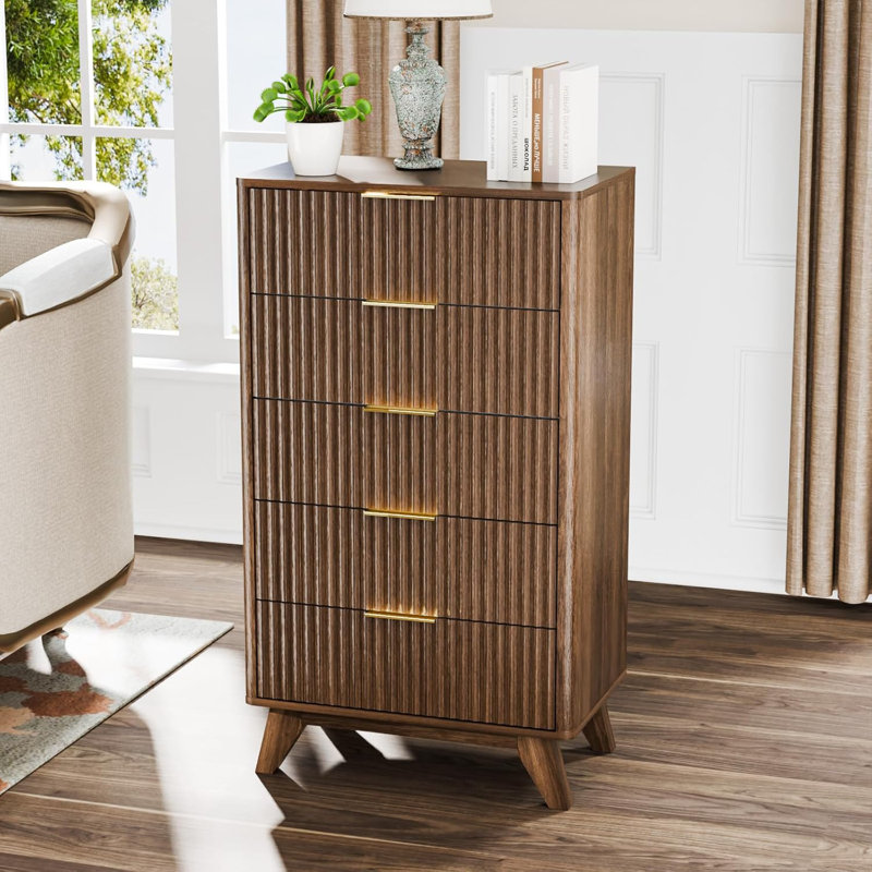 5 Drawer Grille Harrietta Walnut Tone P2 Particleboard Density Board 23.7X15.6X44.9 Inches