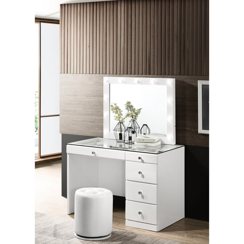 White Wooden Bedroom Vanity Table For Makeup With 5 Drawers, Glass Top And Crystal , 44" Depth Feature 23.25" Width Measure