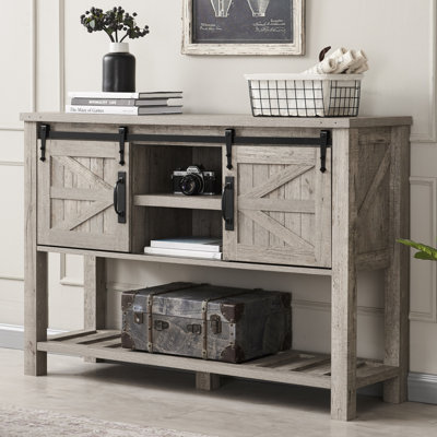 Table d'entrée de style ferme de 46 po Nyx, console en bois avec portes de grange coulissantes et tablette réglable, table de canapé pour le couloir, entrée, salon, vestibule