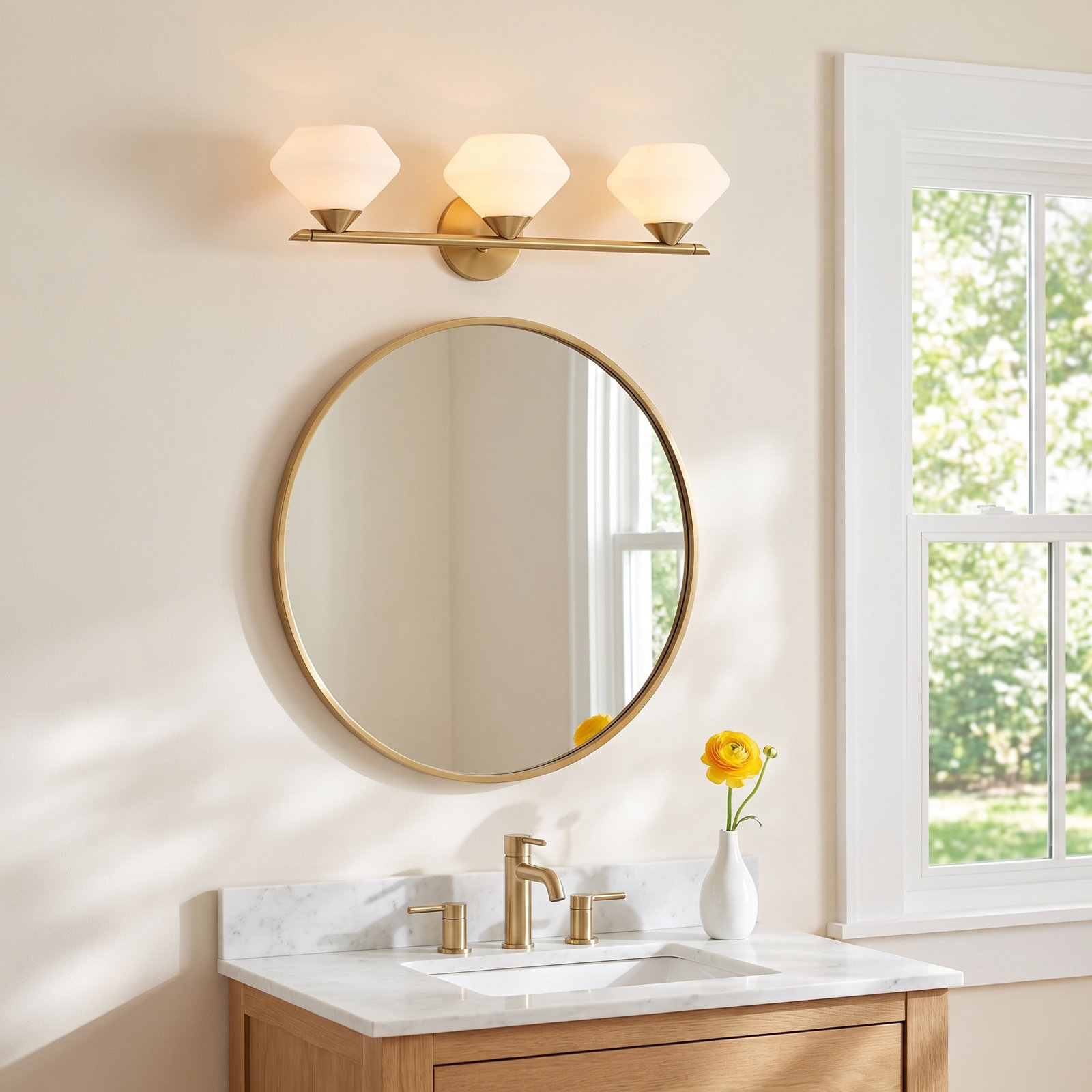 Junius 3 Light Dimmable Vanity Light, Aged Brass