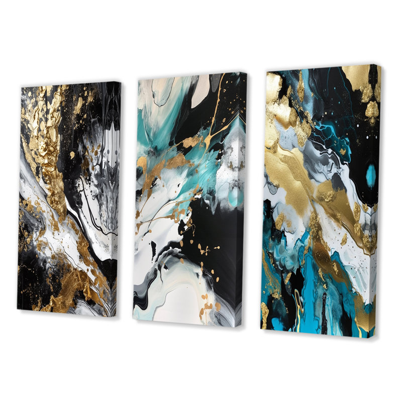 Pleine lune bonheur doré et turquoise abstrait III - Ensemble de 3 peintures abstraites, Toile tendue, H 40 po x l 60 po