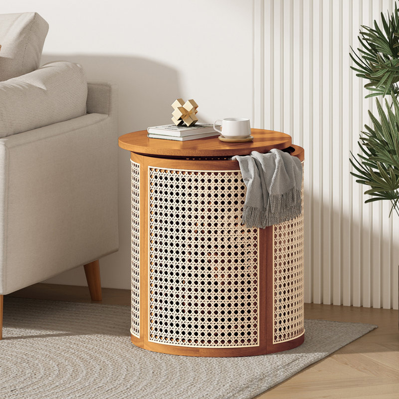 Table de bout ronde en rotin tissé et facile à assembler pour les petits espaces et la décoration intérieure, Ocre