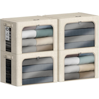 4 Pack Stackable Clothes Storage Bins With Metal Frame And Lids - Foldable Fabric Storage Containers With Clear Windows, Zippers & Handles For Home Organization