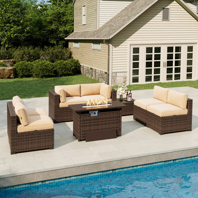 Ensemble de meubles de patio 8 pièces avec foyer au gaz propane, Beige, Brun
