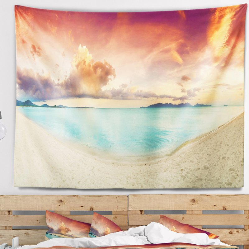 Paysage tropical coucher de soleil coloré avec tapisserie de l'étang, H 68 po x l 80 po