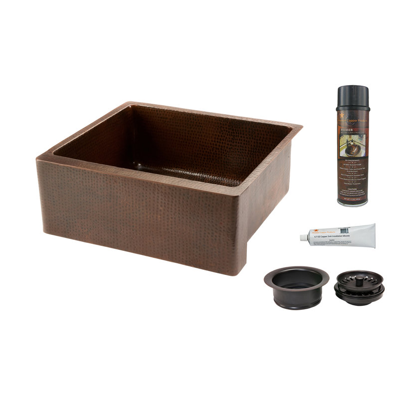 25" Hammered Copper Kitchen Apron Single Basin Sink with Matching Drain and Accessorie