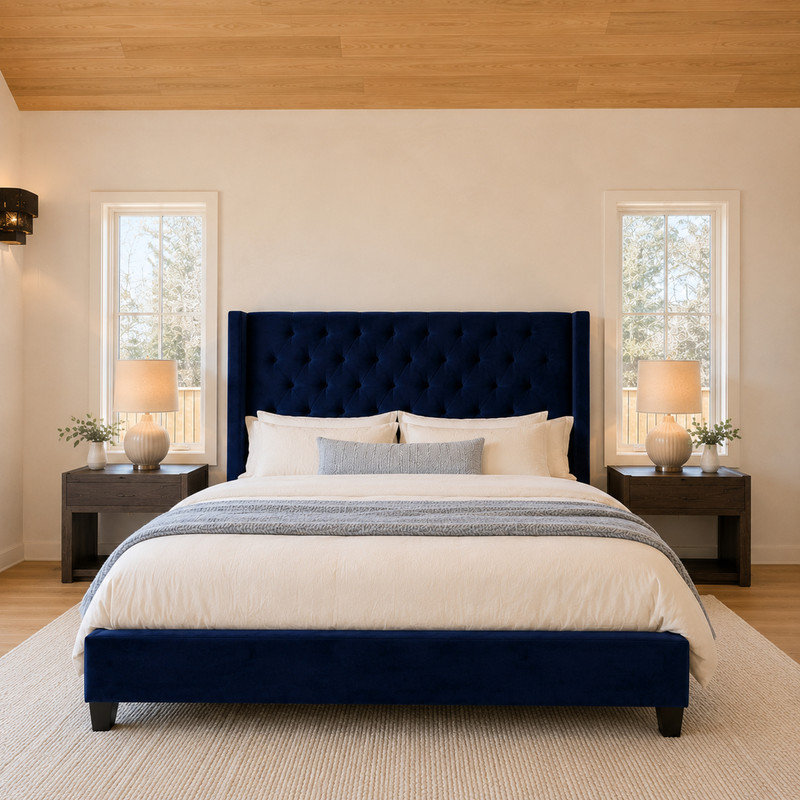 Upholstered Bed with Button Tufted Headboard, King, Navy