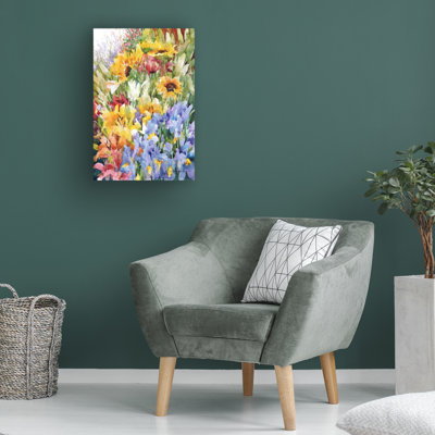 Wrapped Canvas Wall Art - Annelein Beukenkamp 'Flower Power Yellow Blue' Wall Art for Living Room, Bedroom, or Office Décor - 16x24