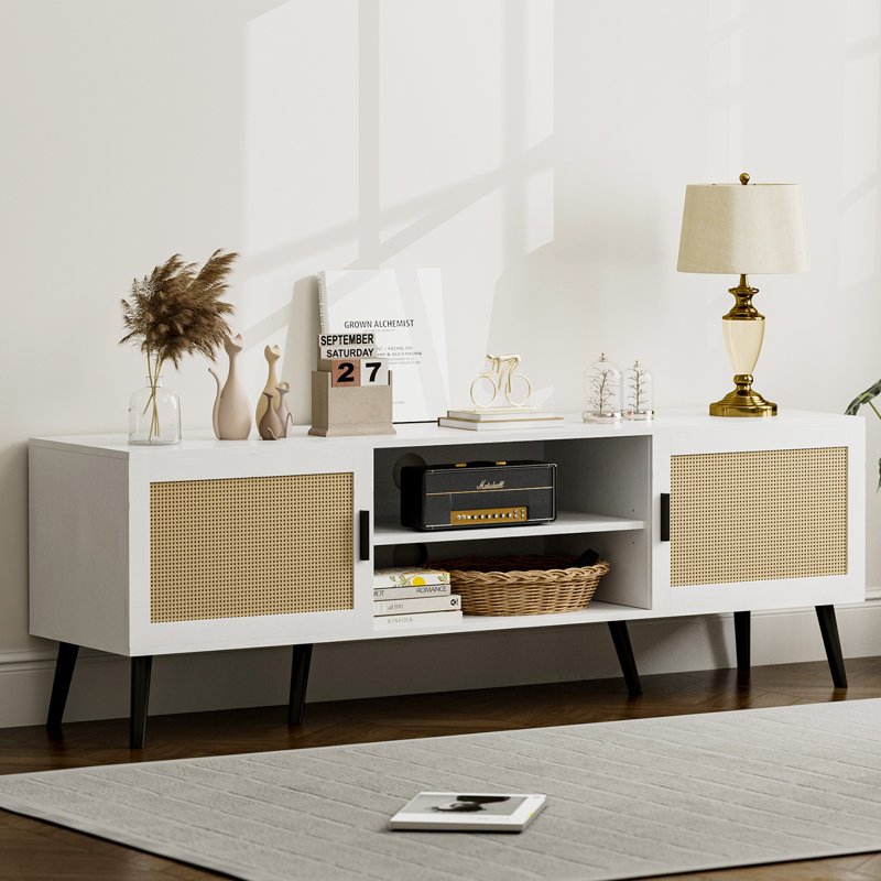Tv Stand For Tvs Up To 65'', Entertainment Center With Rattan Door, Shelves & 2 Cabinets, Boho Media Tv Console For Living Room, Bedroom, Black