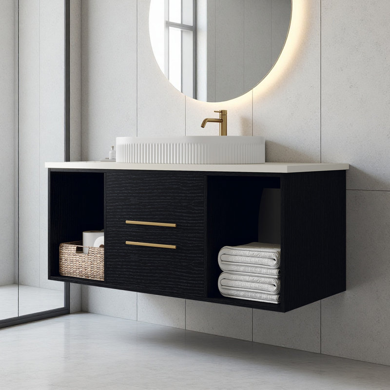 Modern Wall-Mounted Bathroom Vanity With Oval Ceramic Sink Floating Vanity Multi-Layer Solid Wood Cabinet Soft-Close Drawers Open Shelf Storage