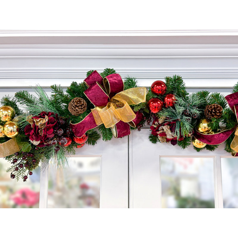 9'' Holiday Garland Decorated With Hydrangeas, Ornaments And Ribbon