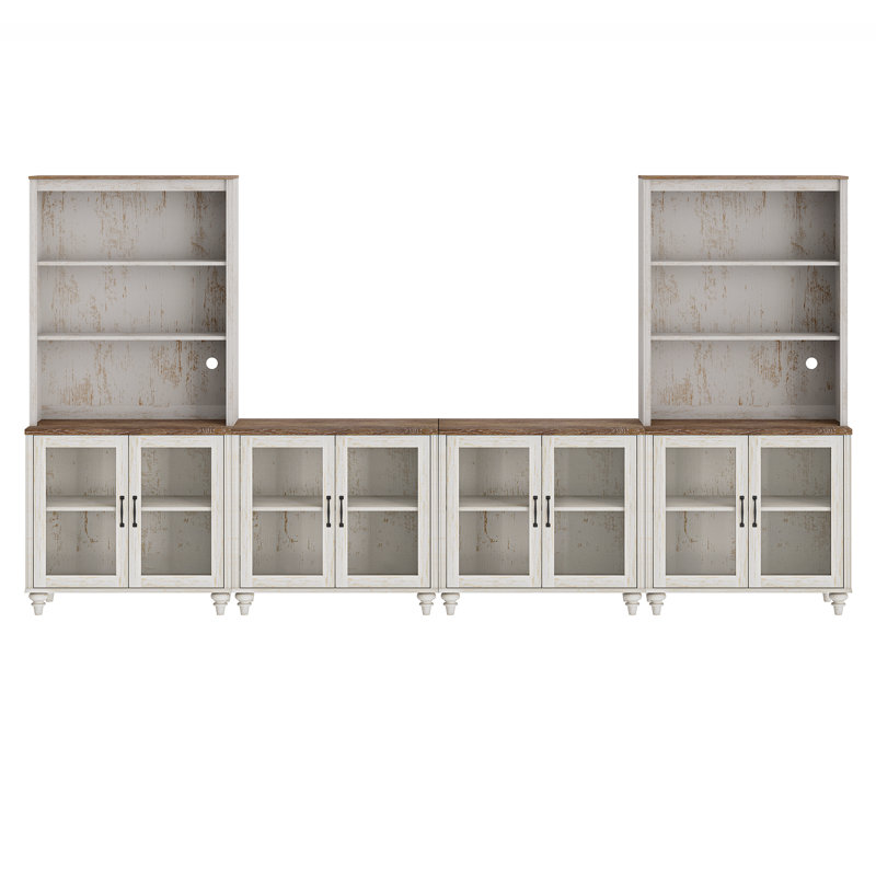 Sideboard Cabinet With Bar Hutch, Buffet Cabinet With 8 Glass Doors And 3 Tier Shelves, Rustic White, 135''