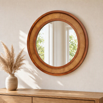 Solid Wood Round Frame Wall Mirror, 24'' Farmhouse Accent Mirror