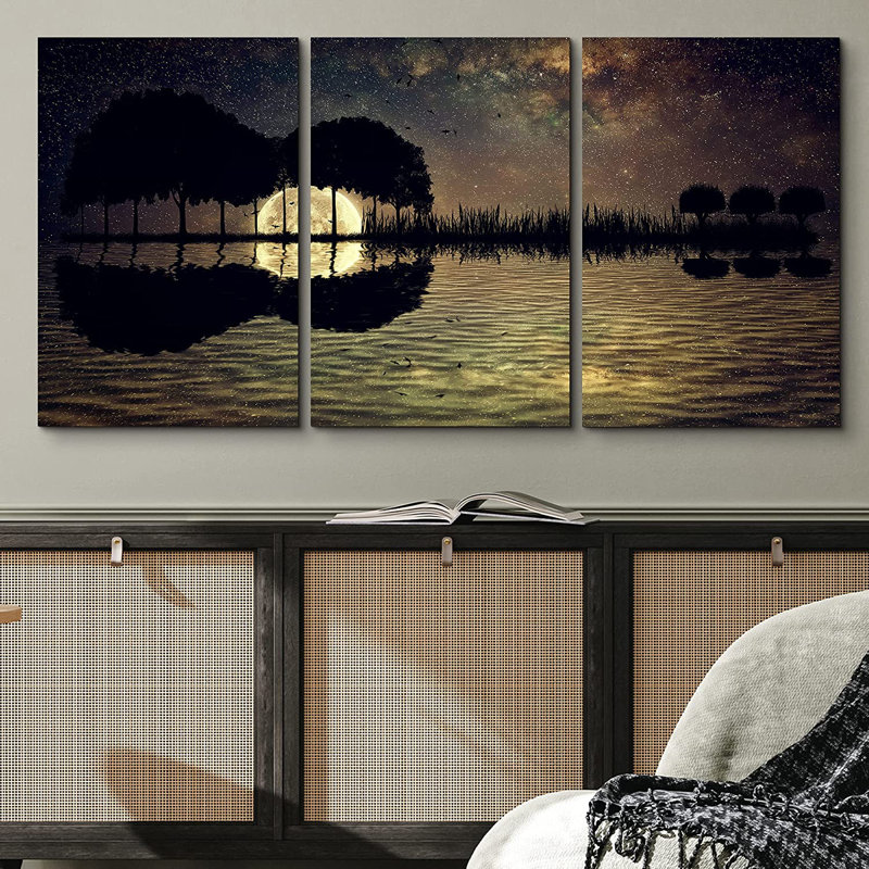 Full Moon Guitar Trees Night Sky Canvas Art Set