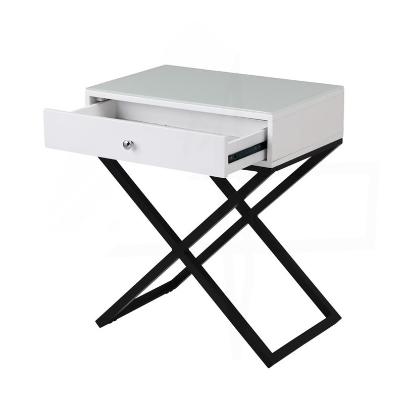Koda 23" White Wooden End Side Table Nightstand With Glass Top, Drawer And Metal Cross Base, White