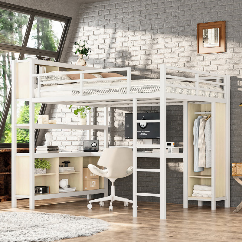Grand lit mezzanine en métal blanc avec grain de bois avec bureau et garde-robe, pratique pour les chambres d'adolescent, facile à assembler en L