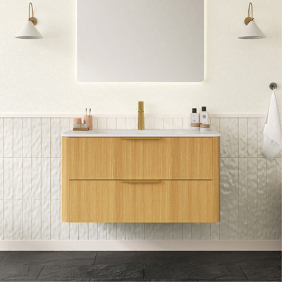 Meuble-lavabo 36 po avec lavabo, armoire de rangement flottante en contreplaqué avec tiroirs, lavabo intégré en pierre frittée blanche Carrara
