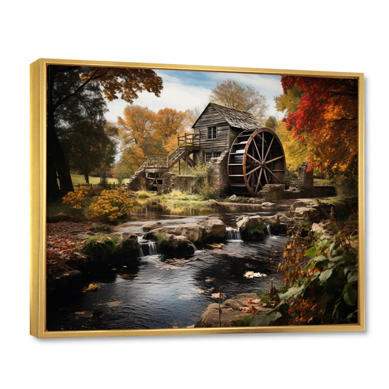 Moulins, moulin automnal encadré sur toile, H 12 po x l 20 po x P 1 po, Cadre flottant doré