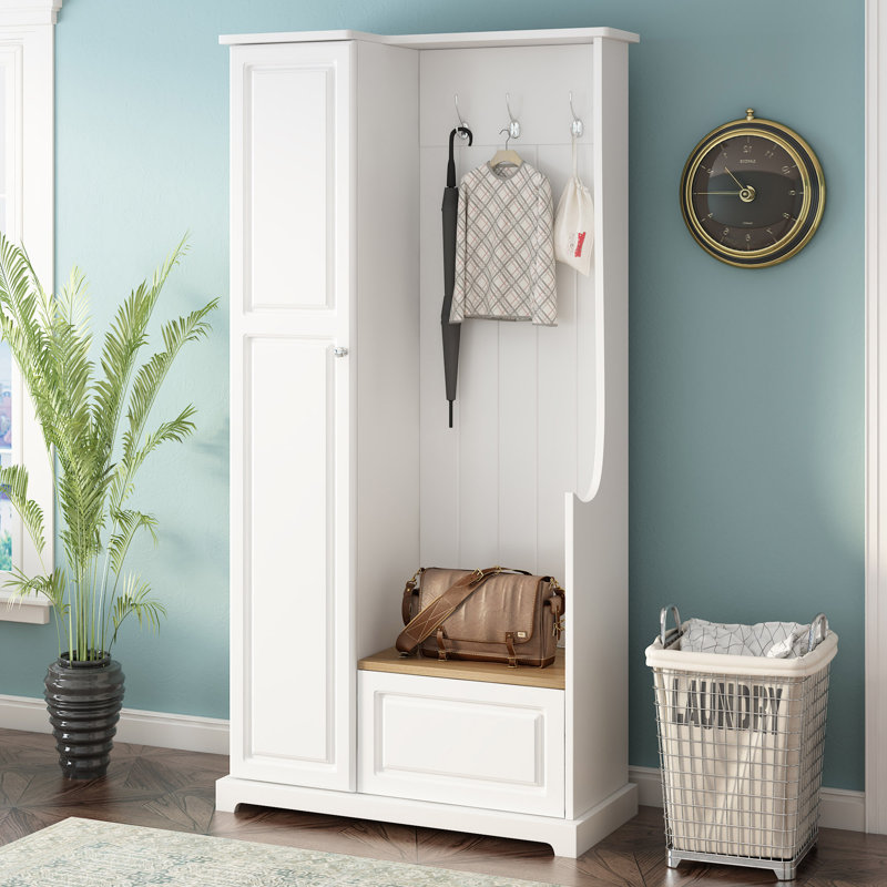 Stylish Design Hall Tree with Flip-Up Bench and Hanging Hooks for Entryways Mudroom, White
