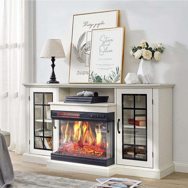 Meuble télé avec foyer blanc en verre - console multimédia avec foyer électrique 12 couleurs et rangement fermé pour téléviseur de 65 po ou moins