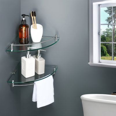 2 Pack Glass Corner Shelf For Bathroom Tempered Glass With Rail Wall Mounted Brushed Finish