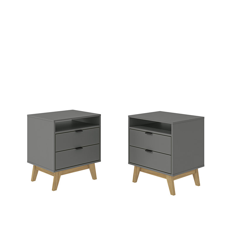 Norlin 2-Drawer Nightstand Set – Modern Bedside Tables for Bedroom or Living Room (Set of 2), Gray
