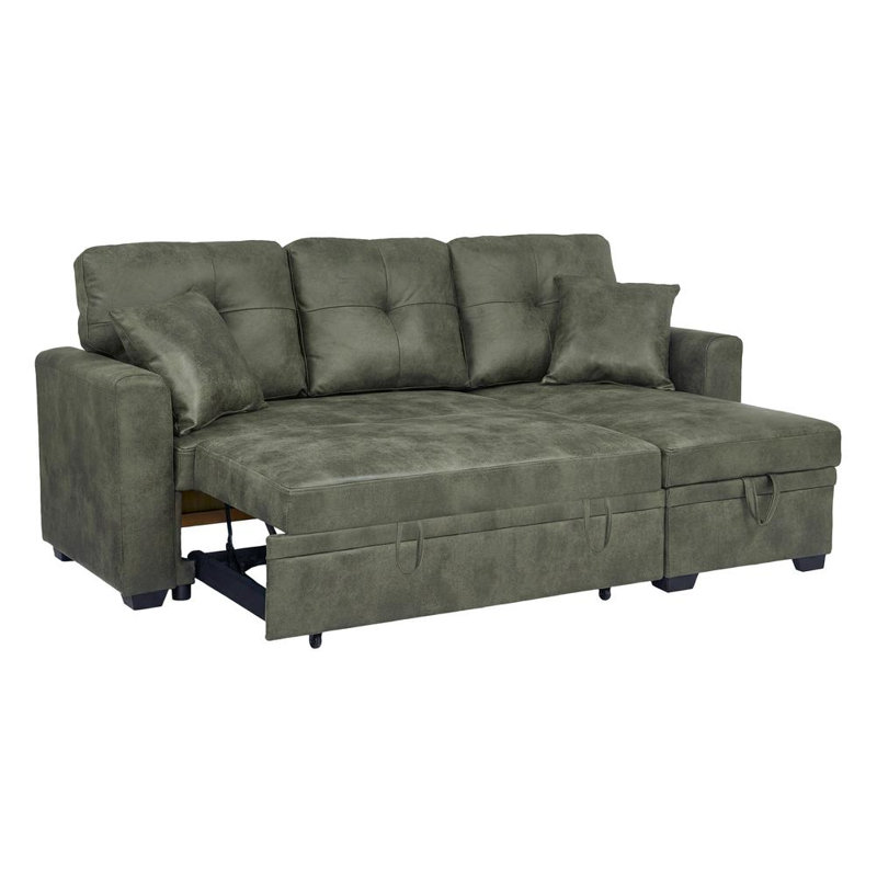 Sectional with Pull-Out Bed, Sleeper Sofa, Olive Green Polyester