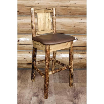 Glacier Country Collection Barstool w/ Back - Saddle Upholstery, w/ Laser Engraved Wolf Design