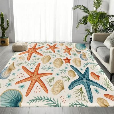 Tapis Nautical Coastal Ocean Starfish Seashell, motif de vie marine éclatant, tapis antidérapant doux et durable lavable à la machine, décoration intérieure élégante pour le salon, la chambre à coucher, l'entrée, la porte d'entrée, la cuisine, le balcon et l'appartement