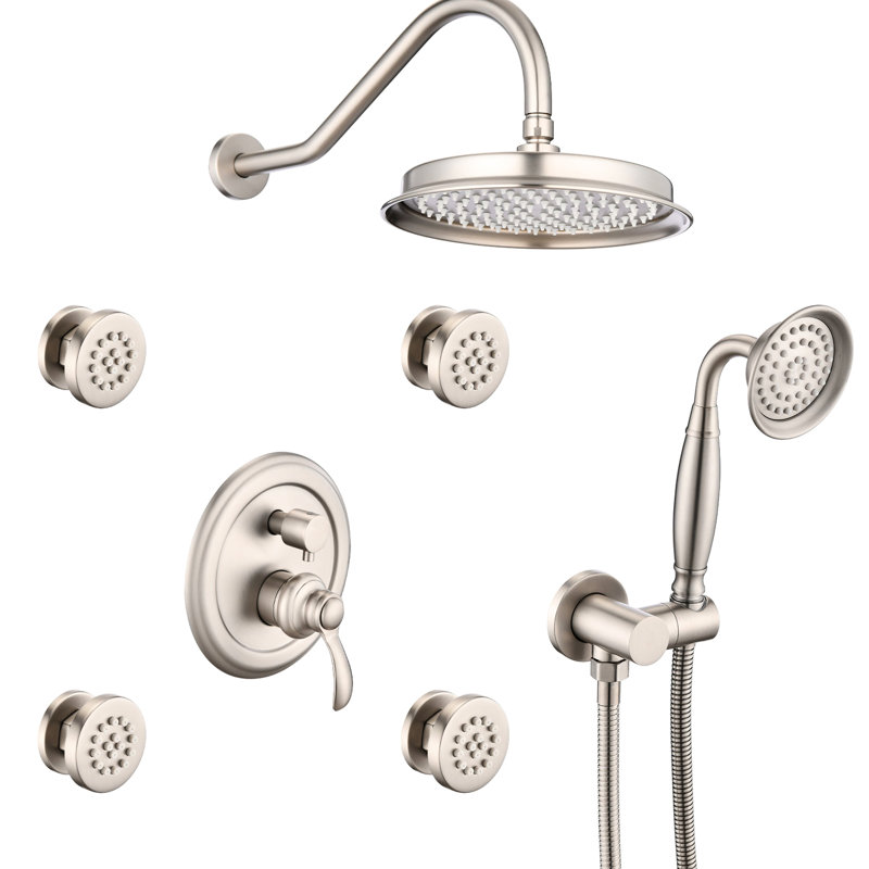 Brushed Nickel Shower System With 2 Heads, Body Jet And Included Arm Single Faucet In Materials Hand, Brushed Nickel