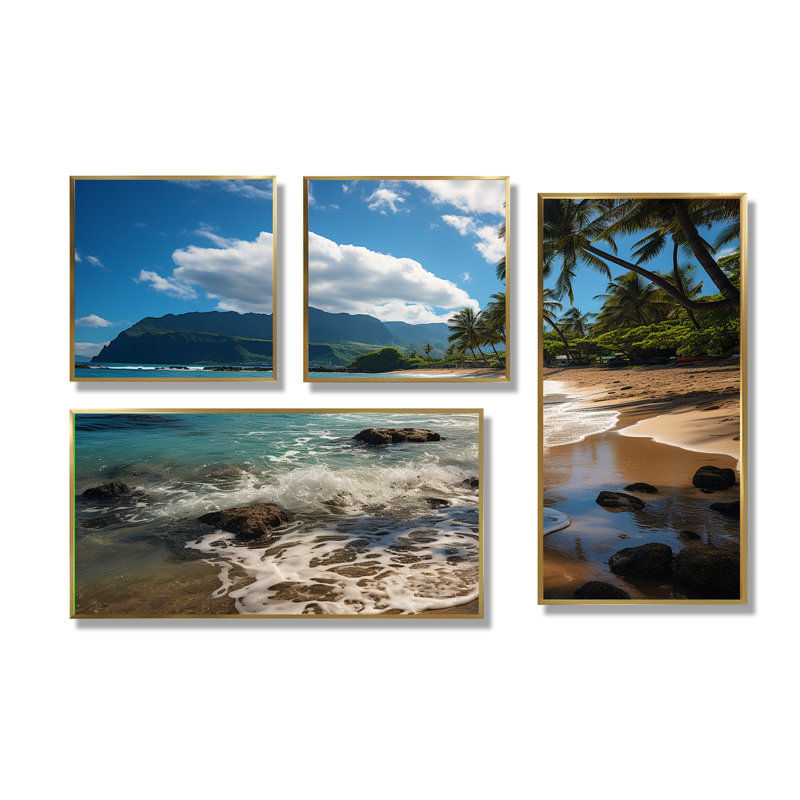 Aloha Tropical Dreamscape Ii - Reproduction d'art tropical sur toile 4 pièces, Impression encadrée sans passe-partout, Doré