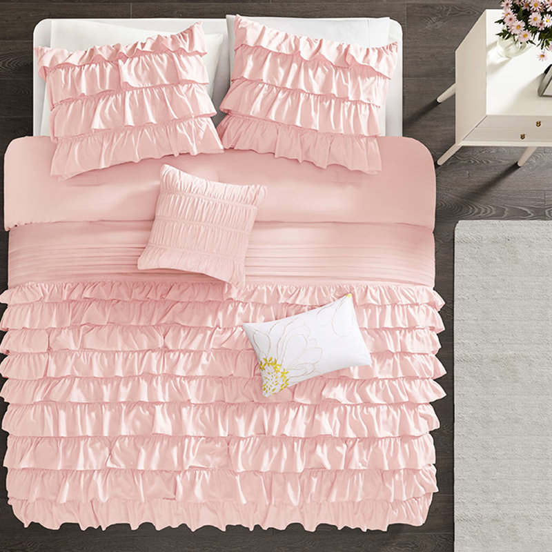 Literie à volants pour lit double / grand avec édredon doux, 2 coussins décoratifs