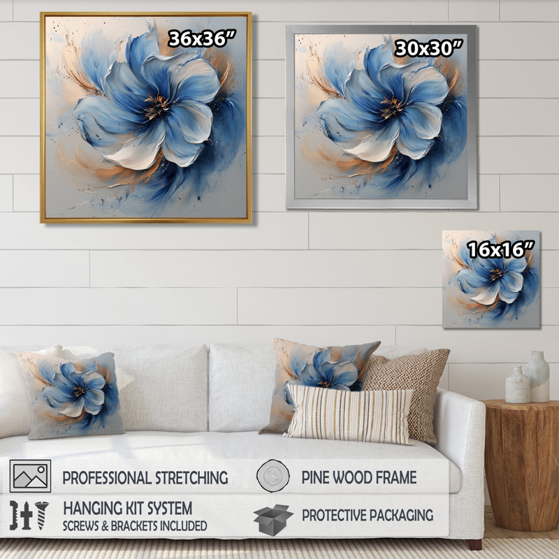 «Sammons White Velvet Blue Chrysanthemums Ink River VI», art mural sur toile Chrysanthemums, H 36 po x l 36 po, Blanc